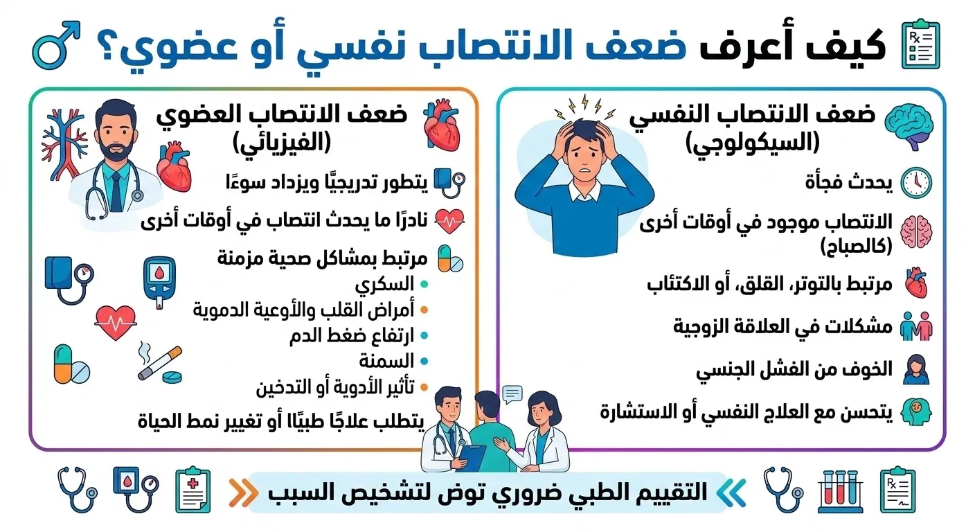 كيف أعرف ضعف الانتصاب نفسي أو عضوي؟